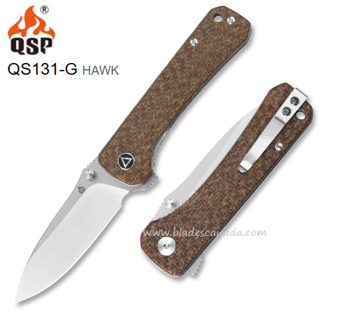 QSP Hawk Flipper Folding Knife, 14C28N Sandvik, Micarta Brown, QS131-G - Click Image to Close